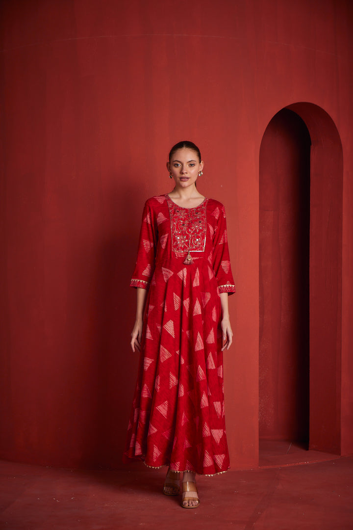 Neerus Red Color Rayon Fabric Dress