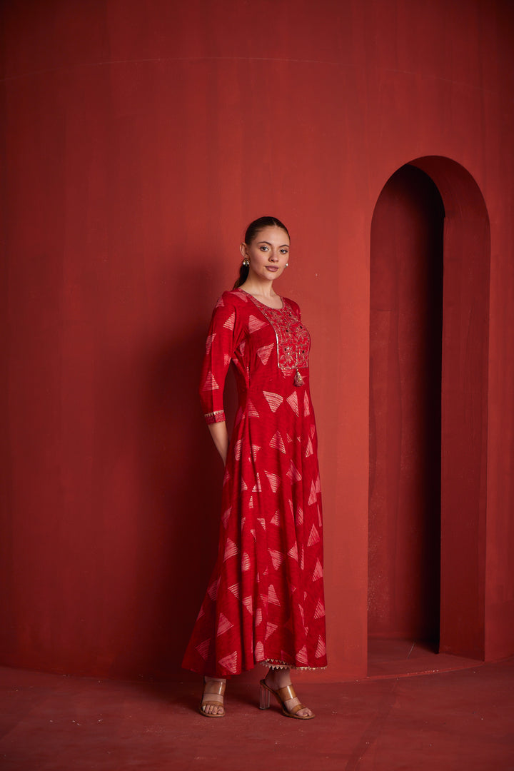 Neerus Red Color Rayon Fabric Dress