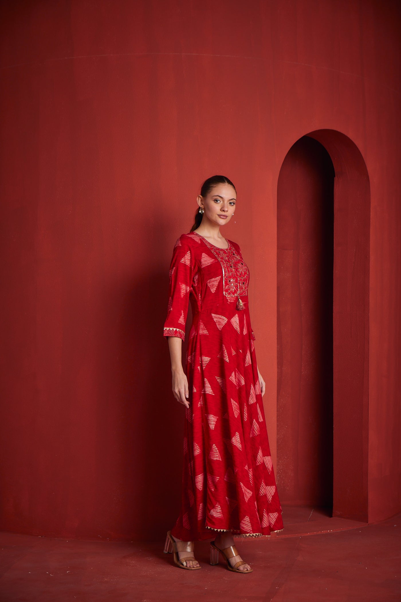 NEERU'S RED COLOR RAYON FABRIC DRESS