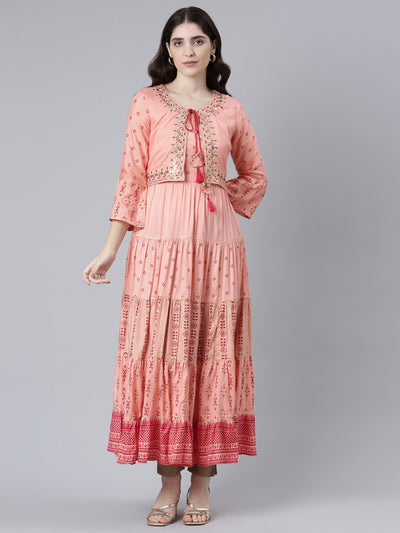 Neerus Peach Straight Casual Printed Gown
