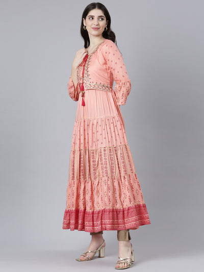 Neerus Peach Straight Casual Printed Gown