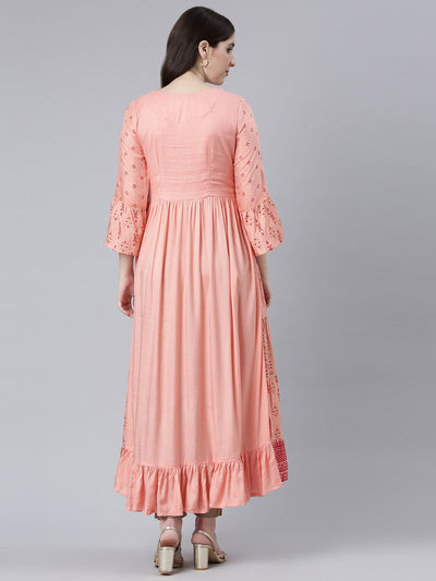 Neerus Peach Straight Casual Printed Gown