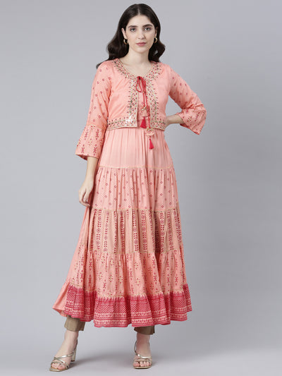 Neerus Peach Straight Casual Printed Gown