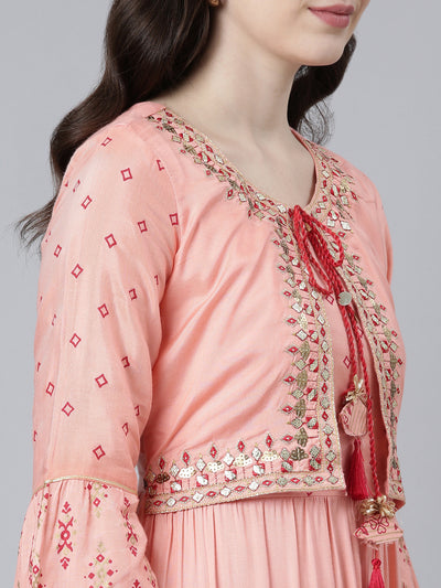 Neerus Peach Straight Casual Printed Gown