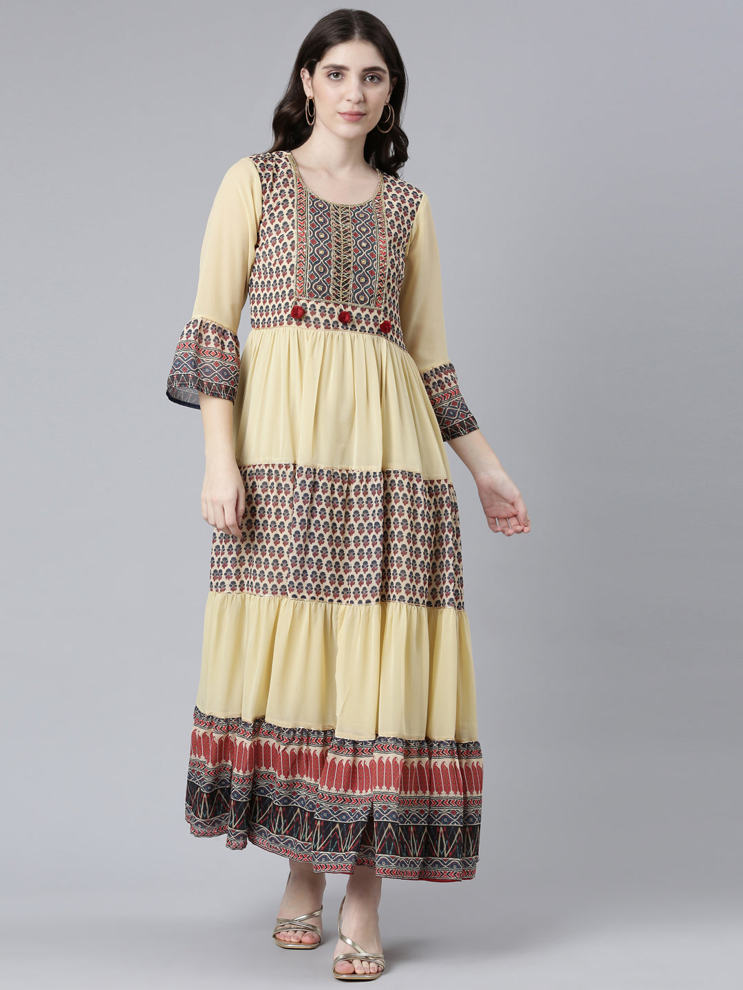 Neerus Cream Straight Casual Printed Gown