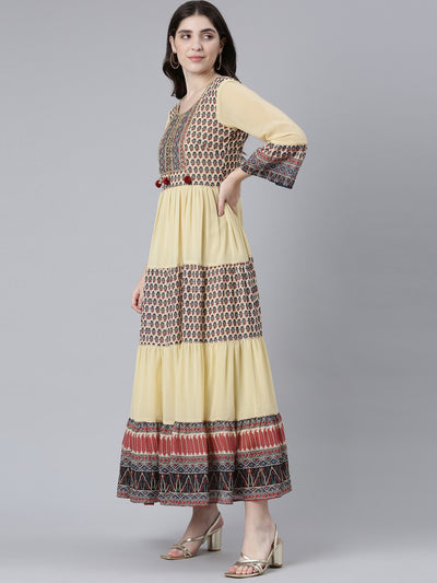 Neerus Cream Straight Casual Printed Gown