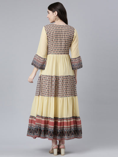 Neerus Cream Straight Casual Printed Gown