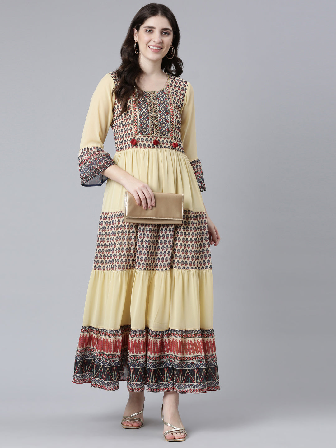 Neerus Cream Straight Casual Printed Gown