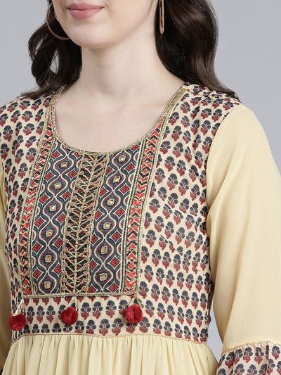 Neerus Cream Straight Casual Printed Gown
