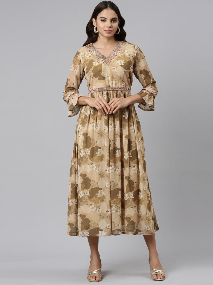 Neerus Beige Straight Casual Printed Maxi Dresses