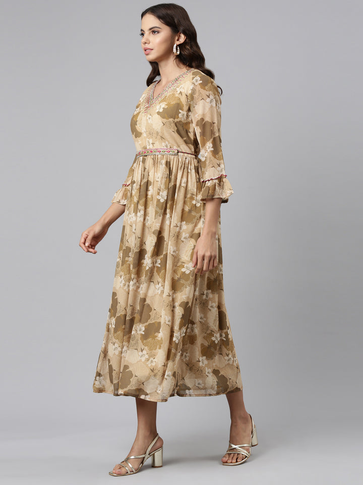 Neerus Beige Straight Casual Printed Maxi Dresses