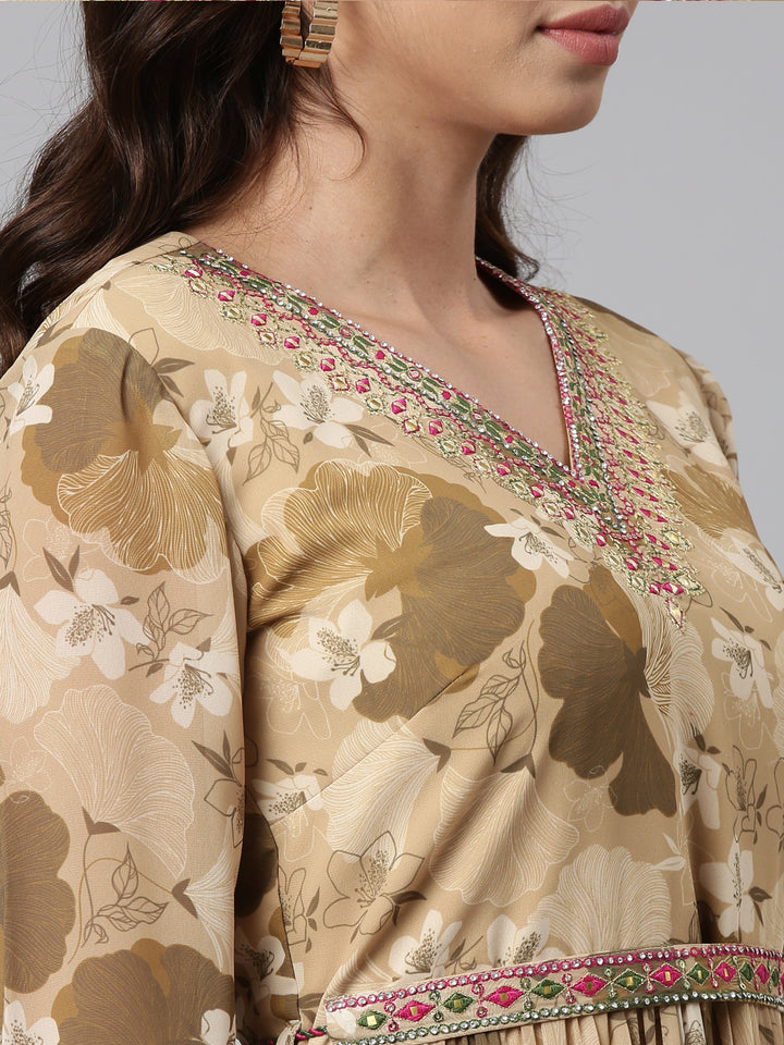 Neerus Beige Straight Casual Printed Maxi Dresses