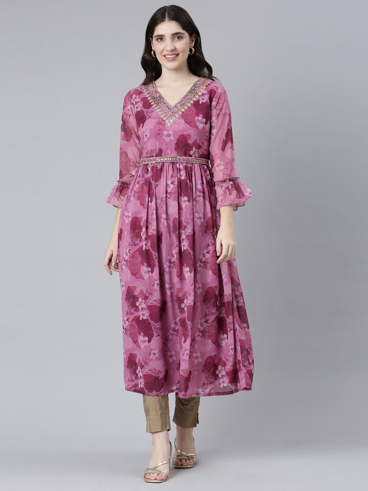 Neerus Pink Straight Casual Printed Dress