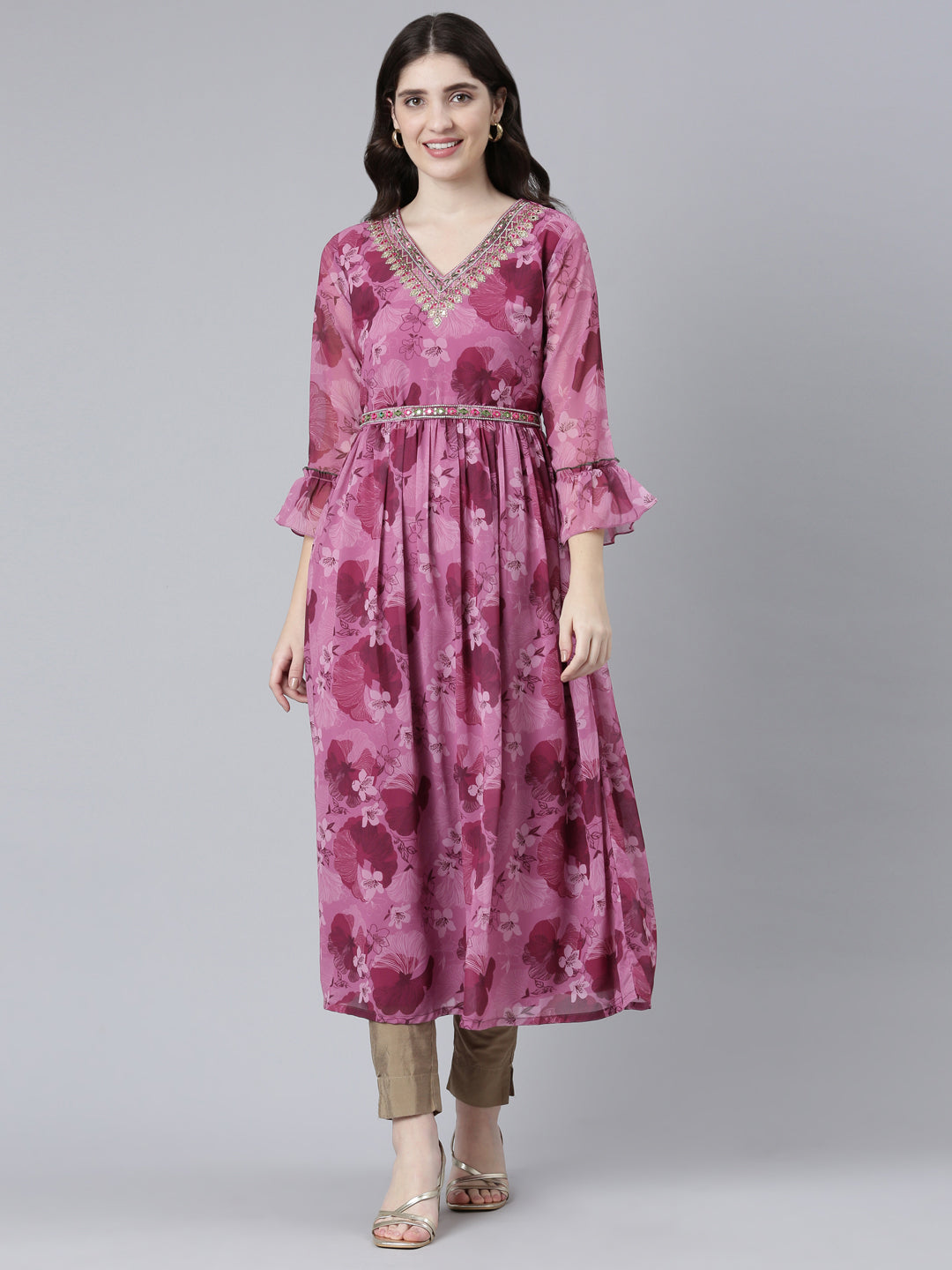 Neerus Pink Straight Casual Printed Gown