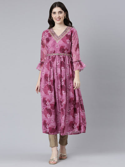 Neerus Pink Straight Casual Printed Gown