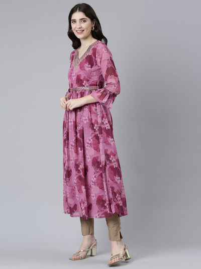 Neerus Pink Straight Casual Printed Gown