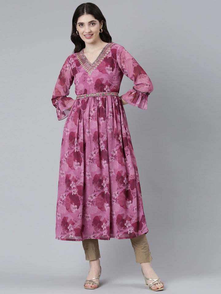 Neerus Pink Straight Casual Printed Dress