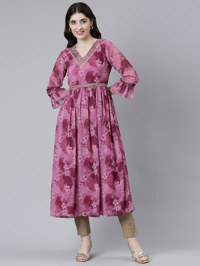Neerus Pink Straight Casual Printed Gown