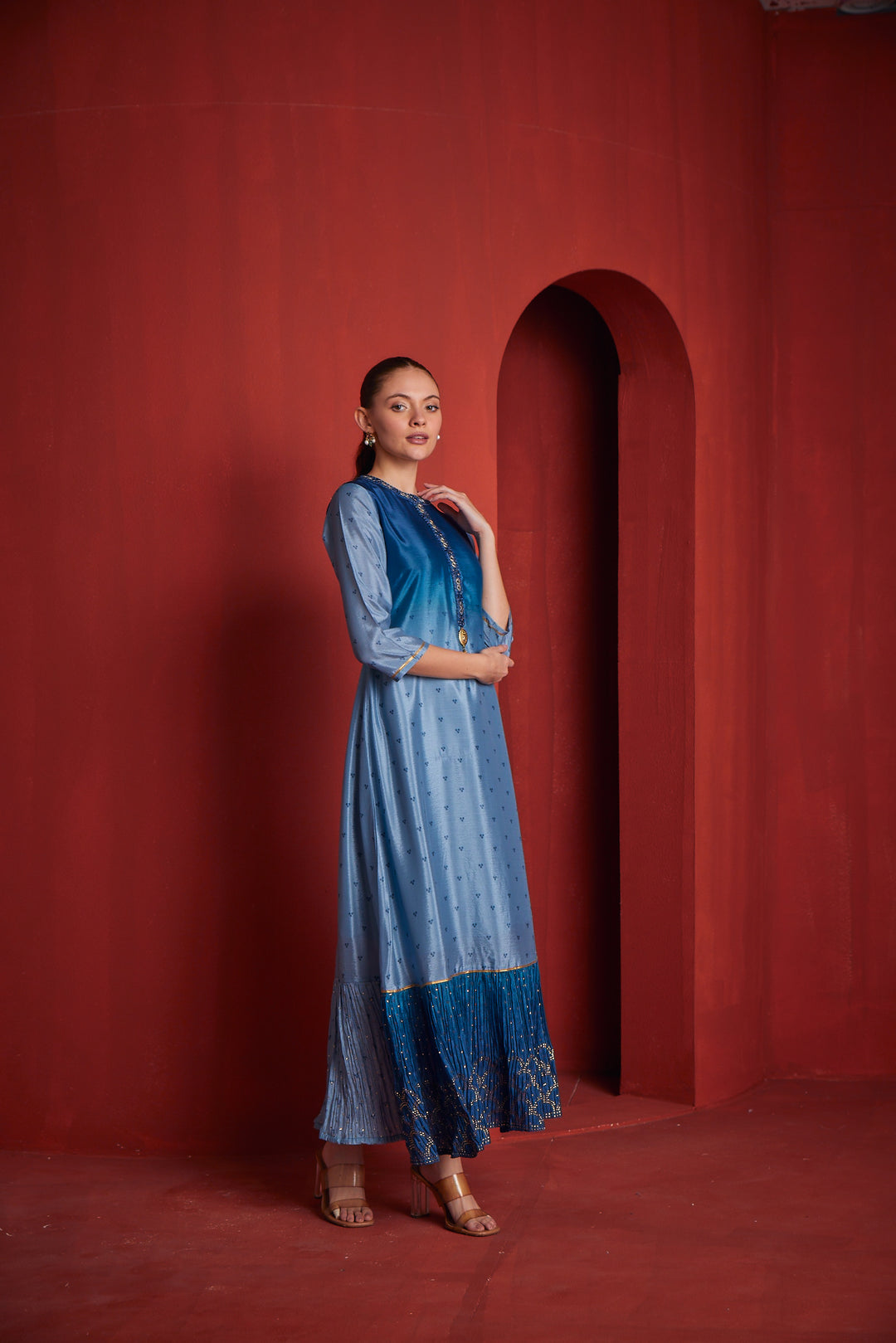 Neerus Blue Solid Chiffon A-Line Gown for Party Women Neerus India Neerus Blue Solid Chiffon A-Line Gown for Party Women Neerus India