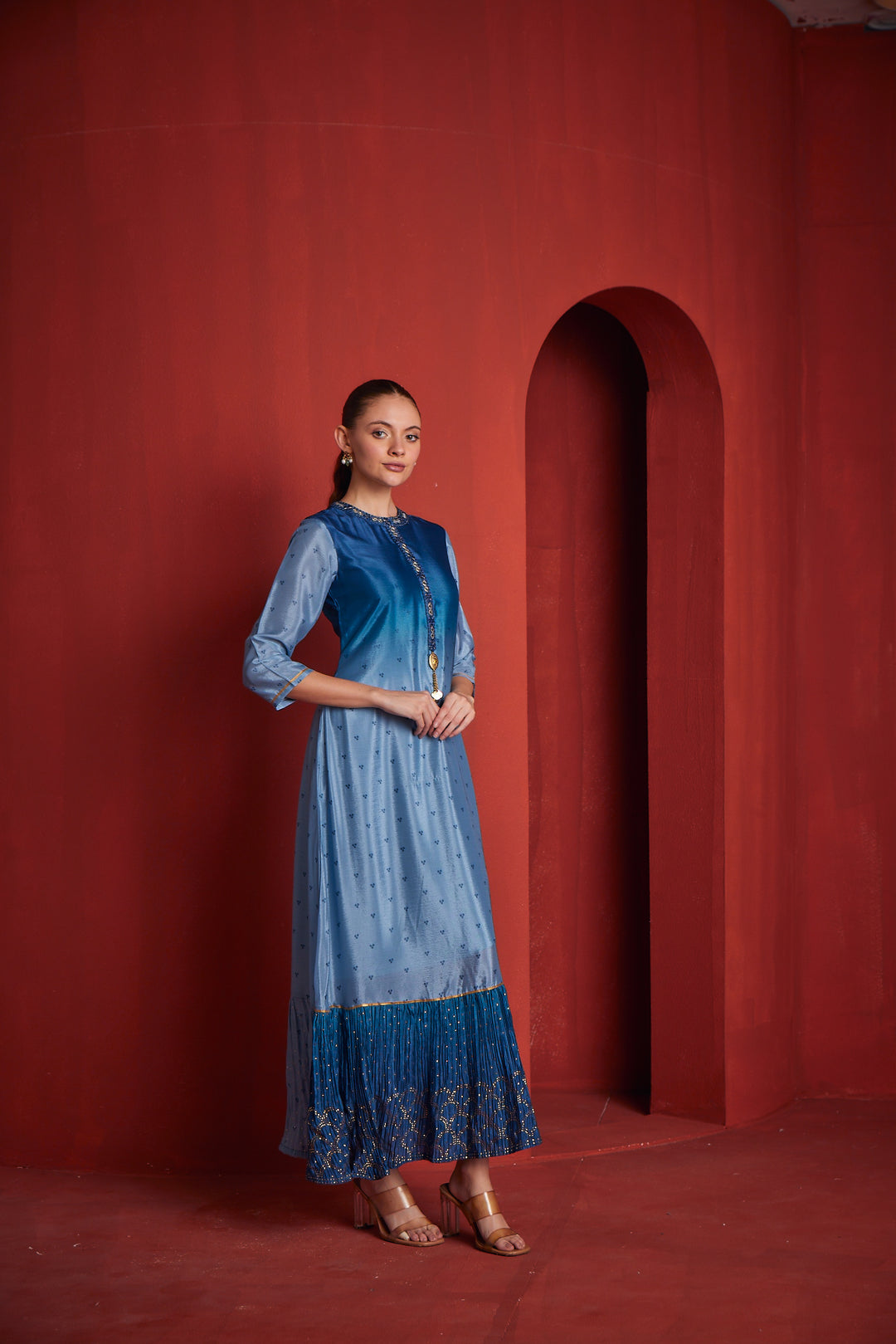 Neerus Blue Solid Chiffon A-Line Gown for Party Women – Neerus India Neerus Blue Solid Chiffon A-Line Gown for Party Women – Neerus India