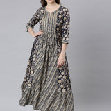 Neerus Navy Blue Flared Casual Ethnic Motifs Maxi Dresses