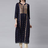 Neerus Navy Blue Curved Casual Ethnic Motifs Maxi Dresses