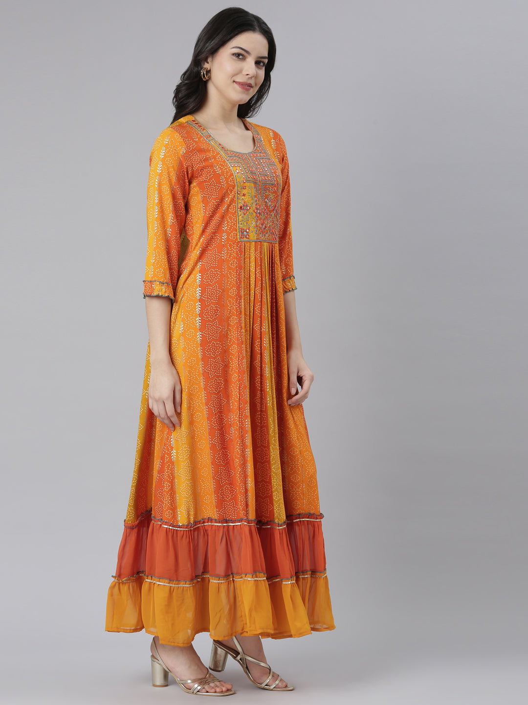 Neeru's Orange Straight Casual Floral Dresses