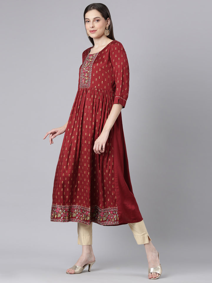 Neerus Maroon Straight Casual Solid Dresses