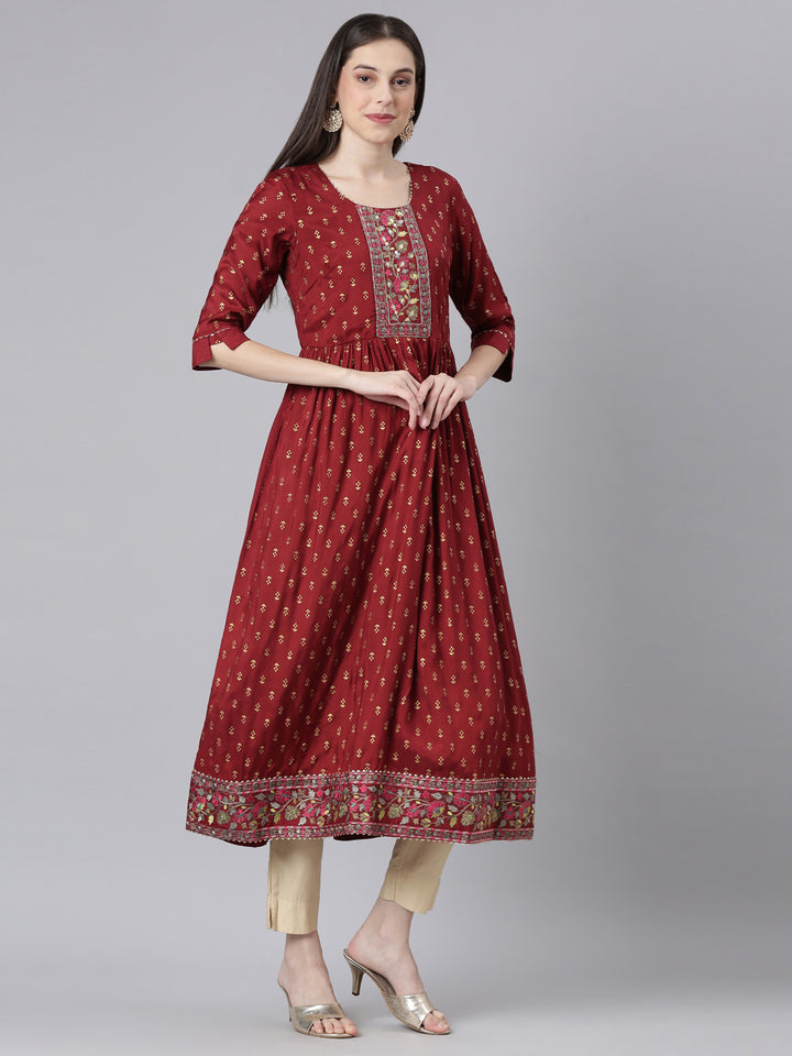 Neerus Maroon Straight Casual Solid Dresses