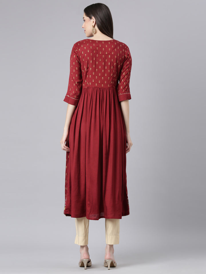 Neerus Maroon Straight Casual Solid Dresses