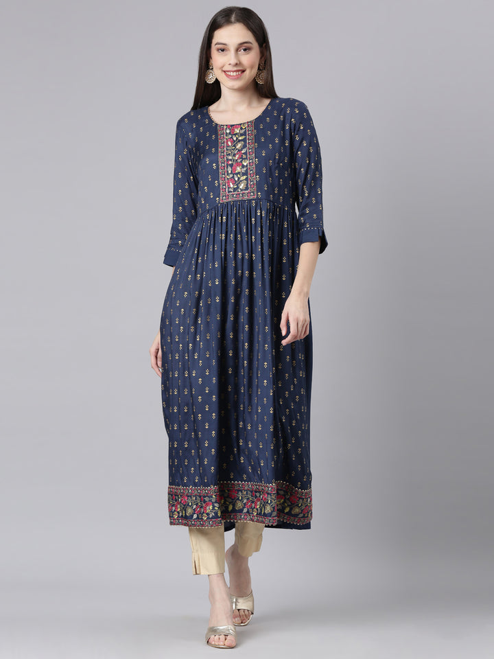 Neerus Navy Blue Straight Casual Solid Dresses