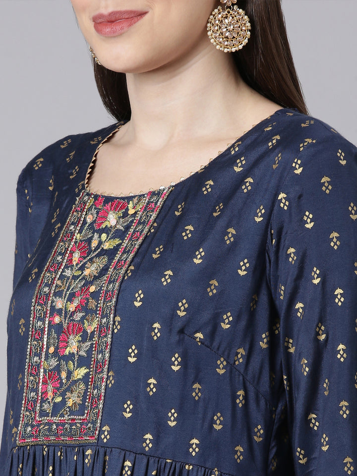 Neerus Navy Blue Straight Casual Solid Dresses