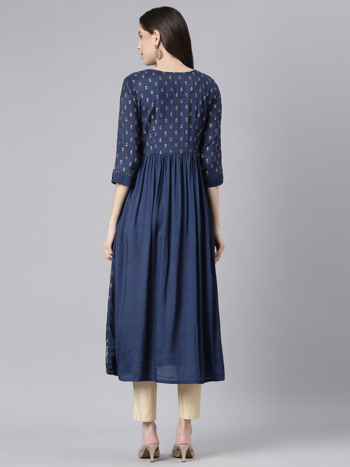 Neerus Navy Blue Straight Casual Solid Dresses