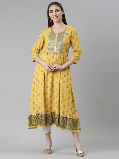 Neeru's Mustard Straight Casual Floral Dresses