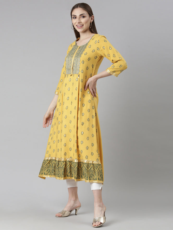 Neerus Mustard Straight Casual Floral Dresses