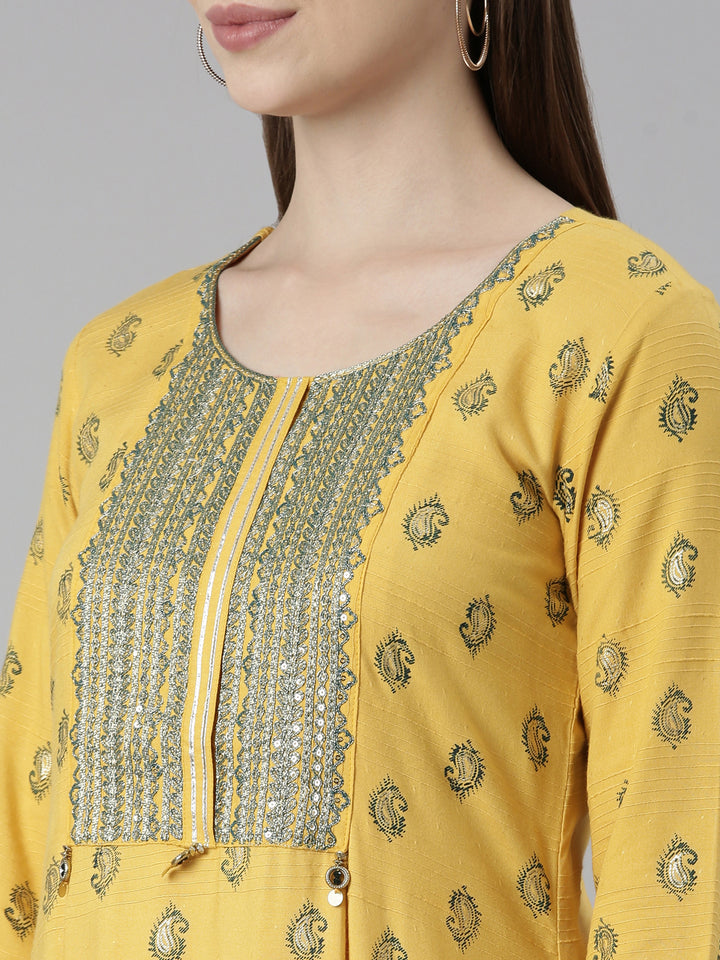 Neerus Mustard Straight Casual Floral Dresses