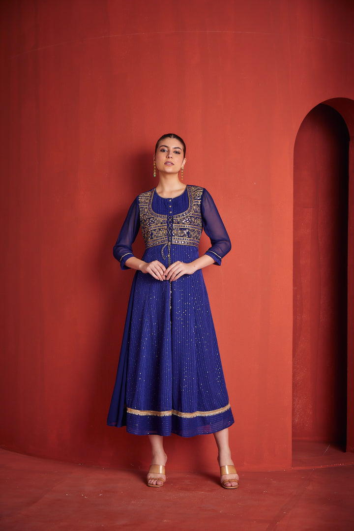 Neerus Womens Royal Blue Georgette Fabric Dress