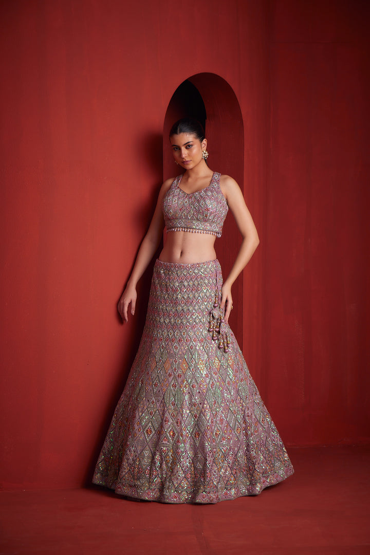 Neerus Womens Onion Color Nett Fabric Ghagra Set