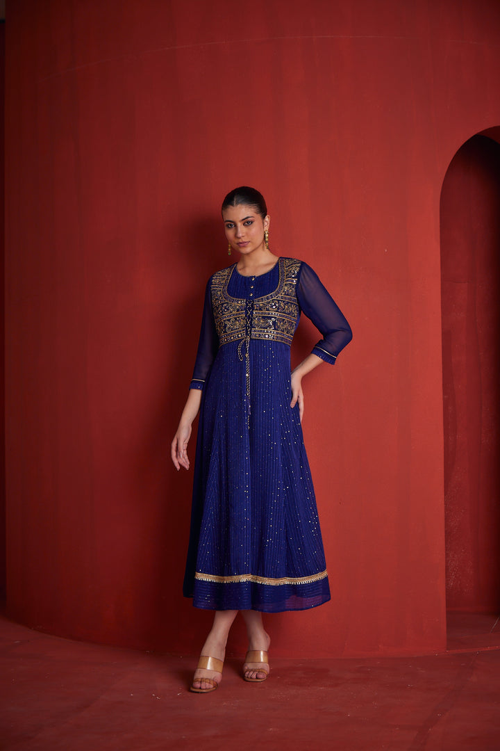 Neerus Womens Royal Blue Georgette Fabric Dress