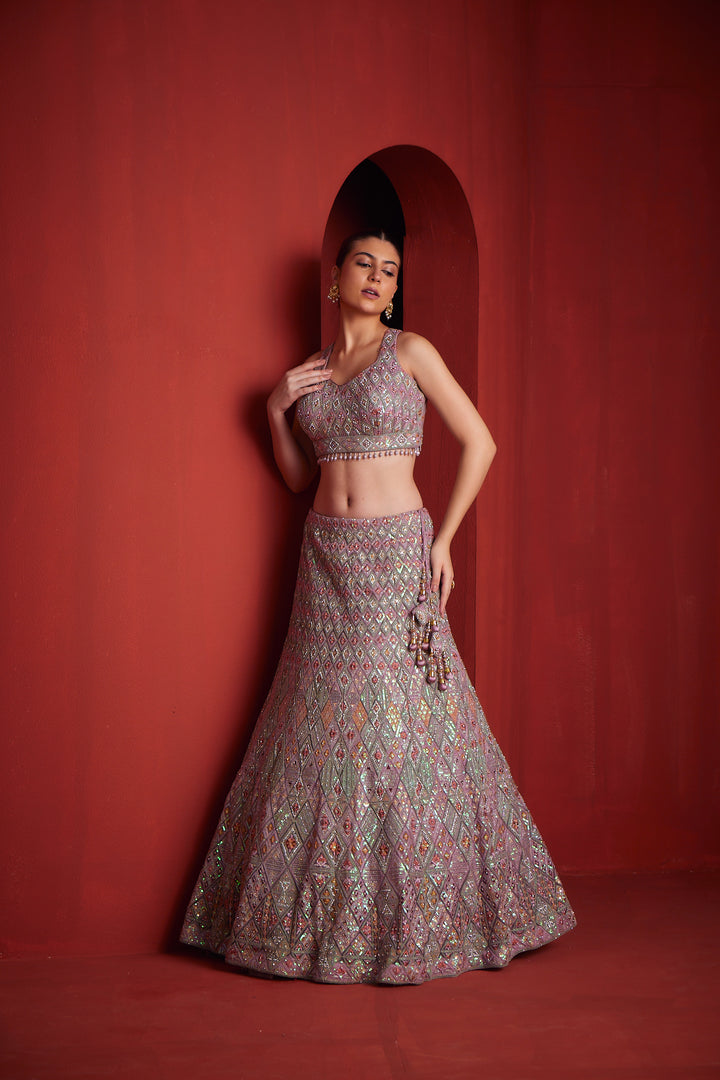 Neerus Womens Onion Color Nett Fabric Ghagra Set