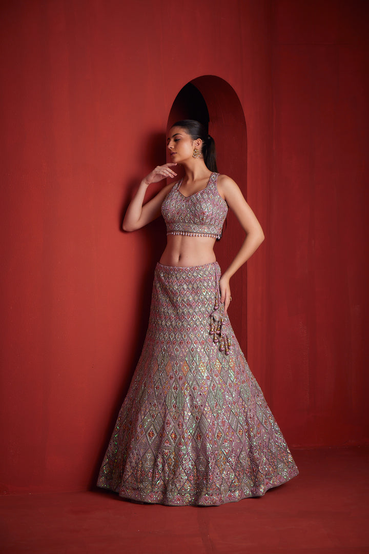 Neerus Womens Onion Color Nett Fabric Ghagra Set