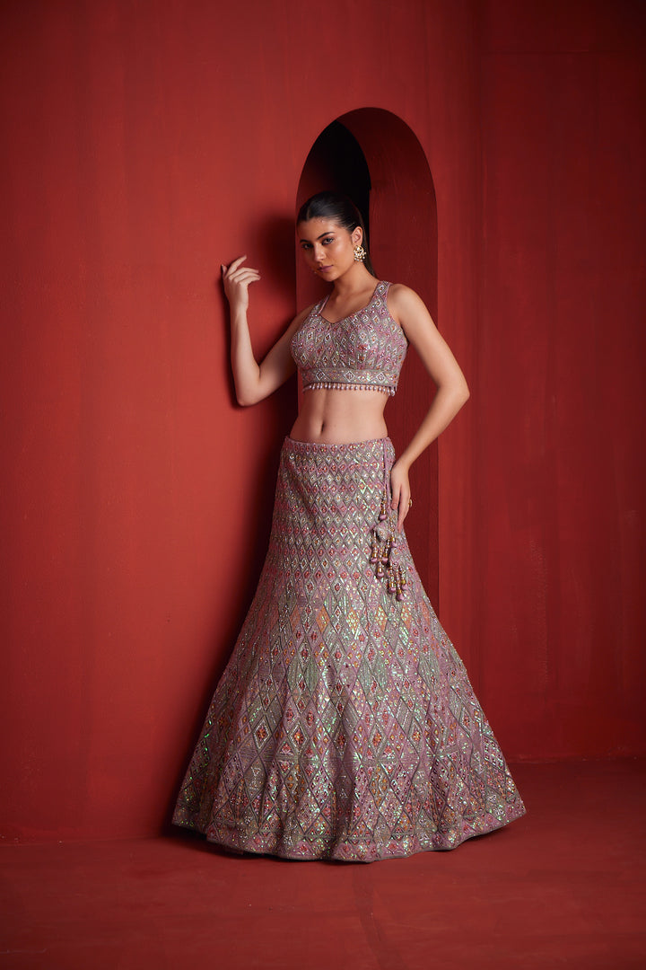 Neerus Womens Onion Color Nett Fabric Ghagra Set