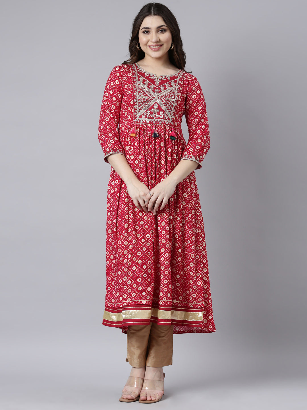 Neerus Pink Abstract Printed Rayon Straight Dress