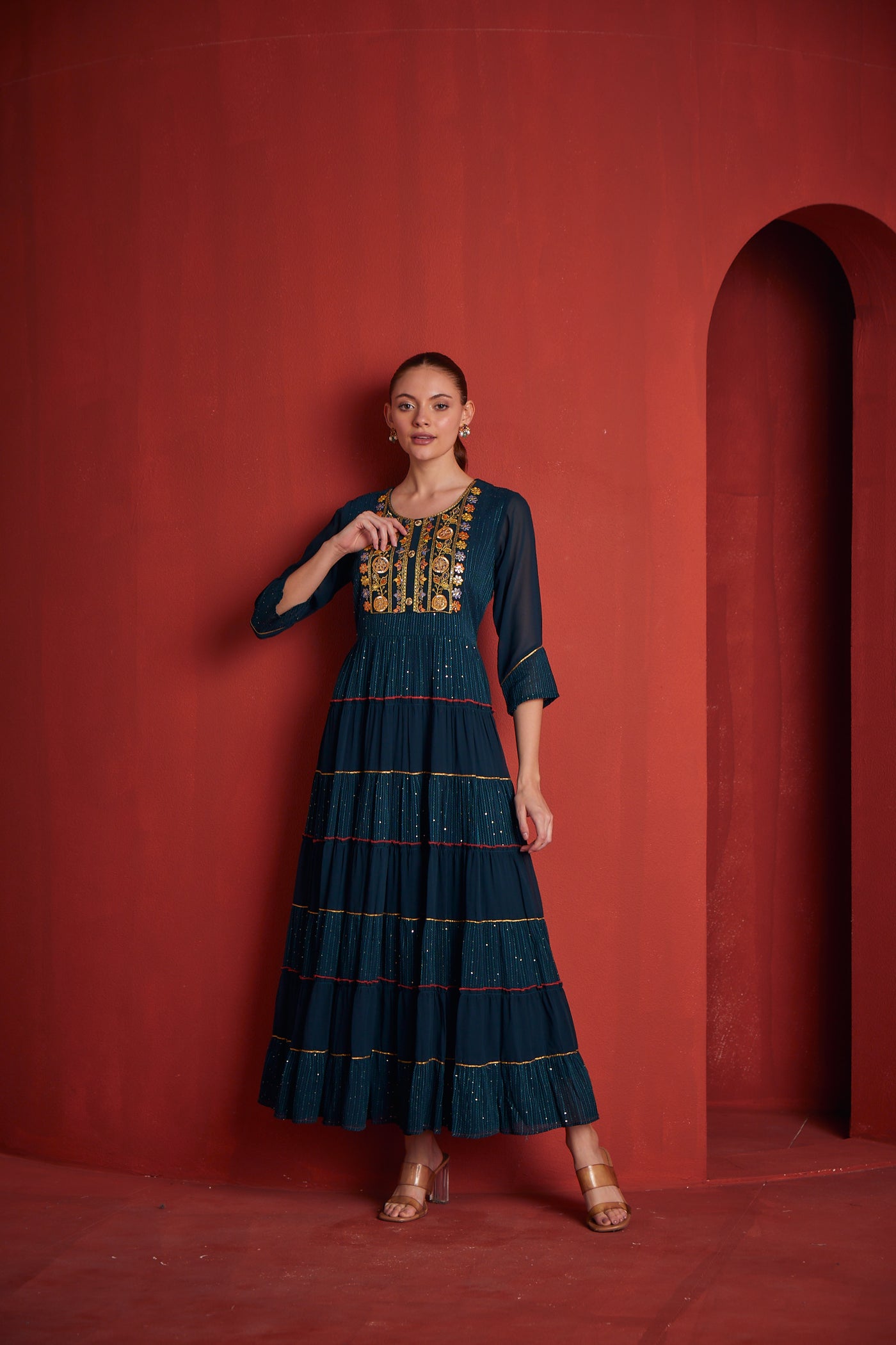 Peacock Blue Stone, Beads and Golden Zari work Long Party Gown for Gir –  Seasons Chennai