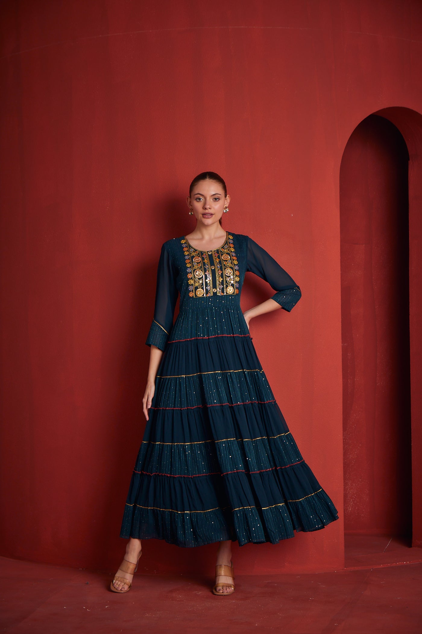 Neeru's Womens Peacock Color Georgette Fabric Dress