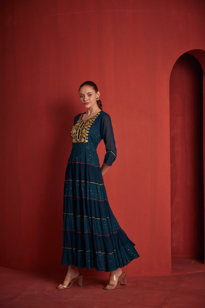 Neerus Womens Peacock Color Georgette Fabric Dress