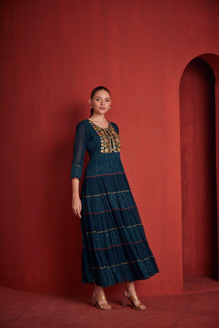 Neerus Womens Peacock Color Georgette Fabric Dress