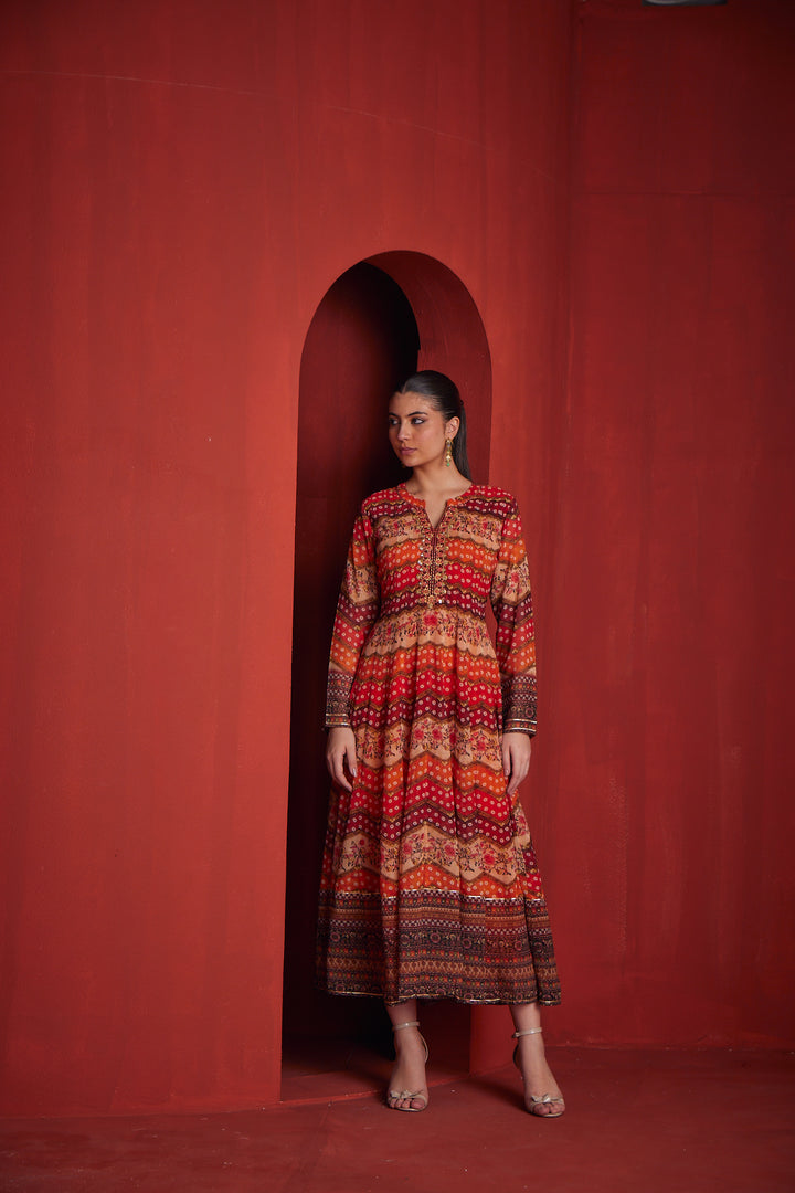 Neerus Orange georgette embroidered gown - back view