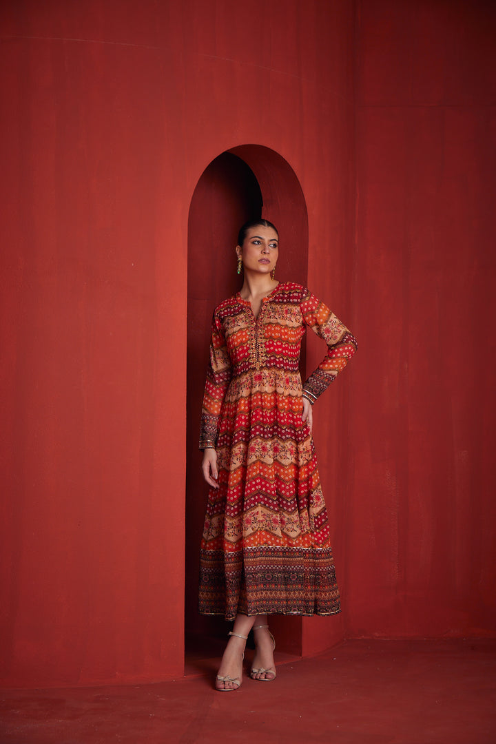 Neerus Orange georgette embroidered gown - side view