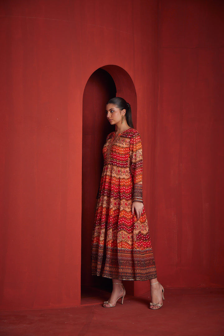Neerus Orange georgette embroidered gown - detail view 1